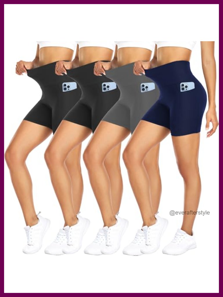 4 Pack High Waisted Biker Shorts With Pockets 5" Women Workout Yoga Running